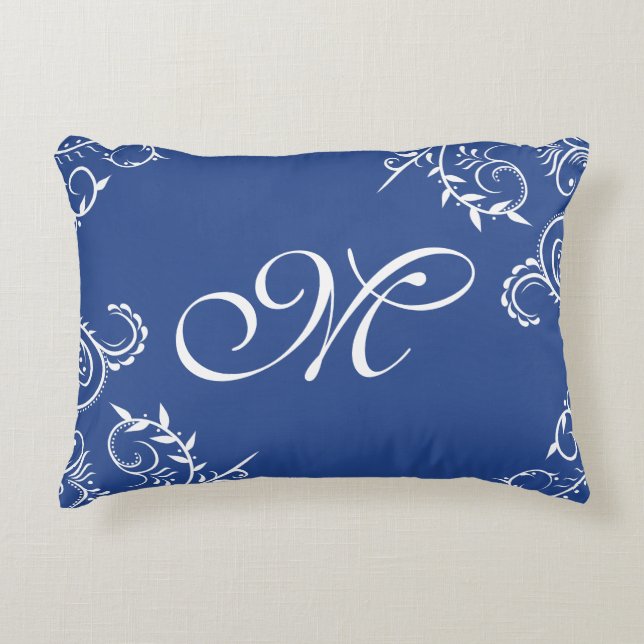 Navy Blue White Floral Monogram Sierkussen Accent Kussen (Voorkant)