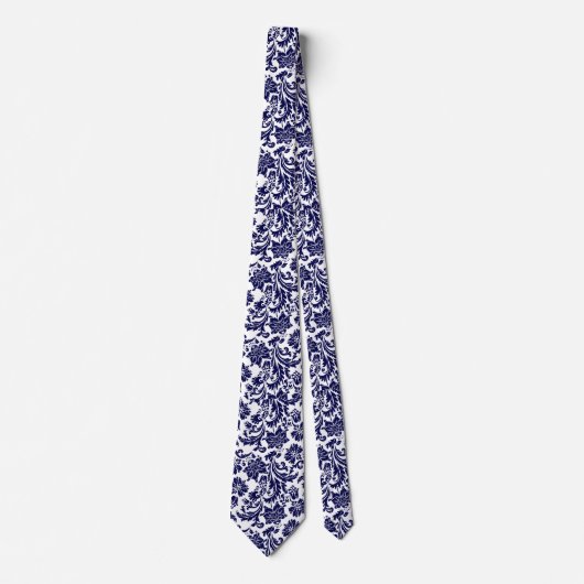 Navy Blue & White Floral Paisley Pattern Neck Stropdas (Voorkant)
