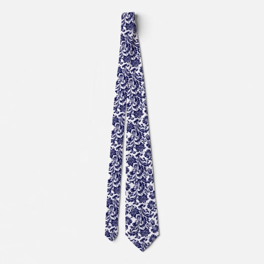 Navy Blue & White Floral Paisley Pattern Neck Stropdas (Achterkant)