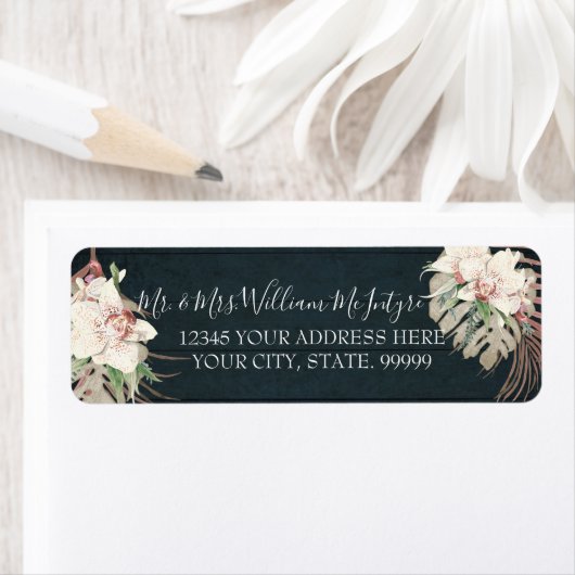 Navy Blue White Floral Tropical Foliage Wedding Etiket (Insitu)