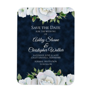 Navy Blue White Floral Wedding Save the Date Magneet