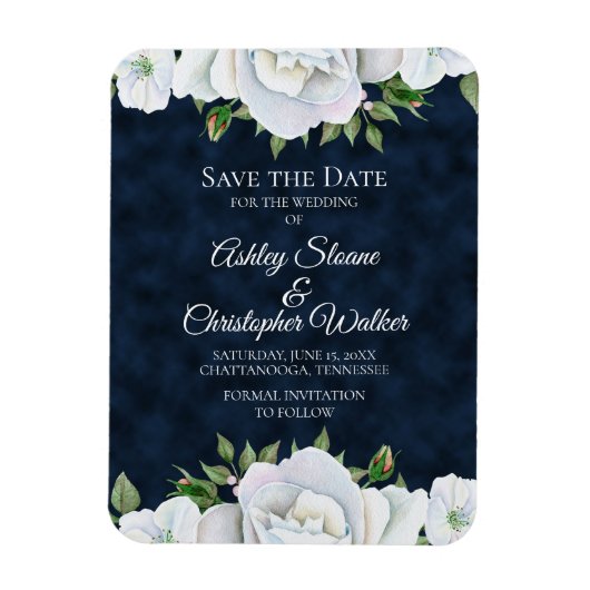 Navy Blue White Floral Wedding Save the Date Magneet (Verticaal)