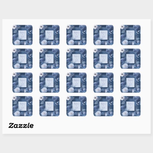 Navy Blue & White Floral Wedding Vierkante Sticker (Vel)