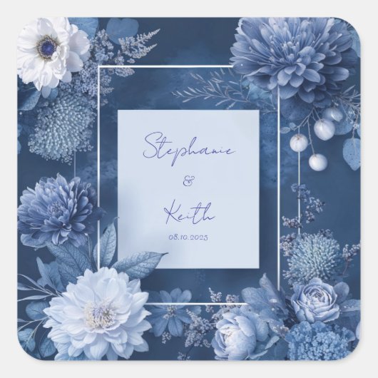 Navy Blue & White Floral Wedding Vierkante Sticker (Voorkant)