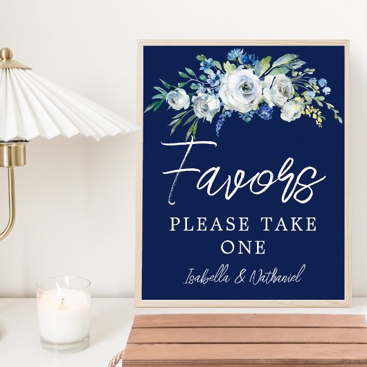 Navy Blue White Floral Winter Wedding Favors Poster