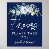 Navy Blue White Floral Winter Wedding Favors Poster (Voorkant)