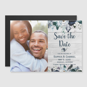 Navy Blue White Floral Wood Wedding Save the Date Magnetische Uitnodiging