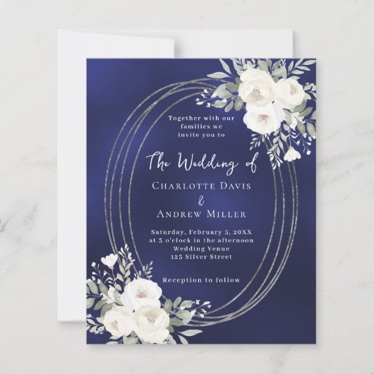 Navy blue white florals wedding QR RSVP invitation (Voorkant)