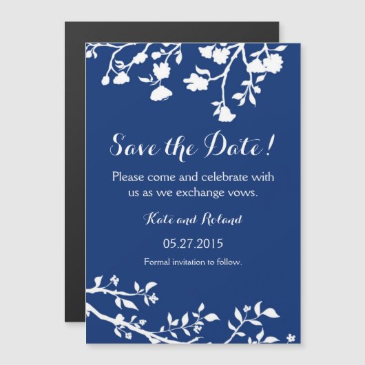 Navy Blue White Flower Save the Date Magnet Magnetische Uitnodiging (Voorkant / Achterkant)