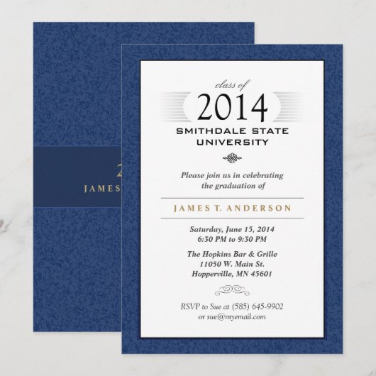 Navy Blue & White Formal Afstuderen Invitation Kaart (Voorkant / Achterkant)
