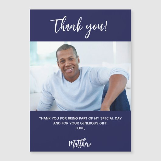 Navy blue white foto bedankt magnet (Voorkant)