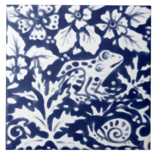 Navy Blue White Frog Snail Fern Leaf Cobalt Tegeltje