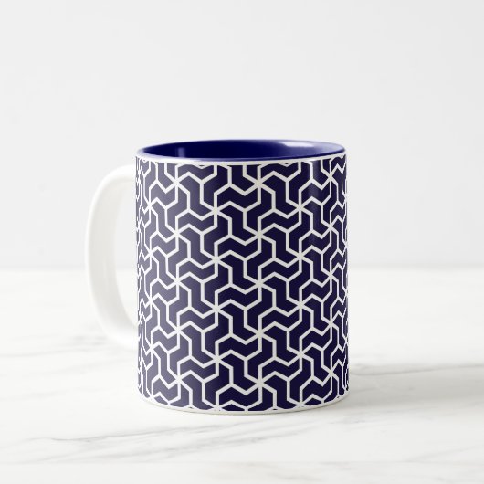 Navy Blue White Geometric Art Deco Pattern Tweekleurige Koffiemok (Voorkant links)