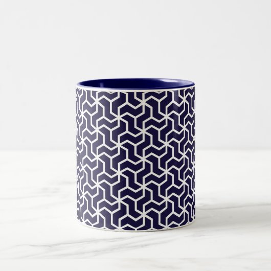 Navy Blue White Geometric Art Deco Pattern Tweekleurige Koffiemok (Center)