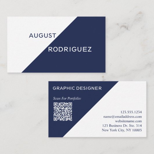 Navy Blue White Geometric Custom QR Code Visitekaartje (Voorkant / Achterkant)