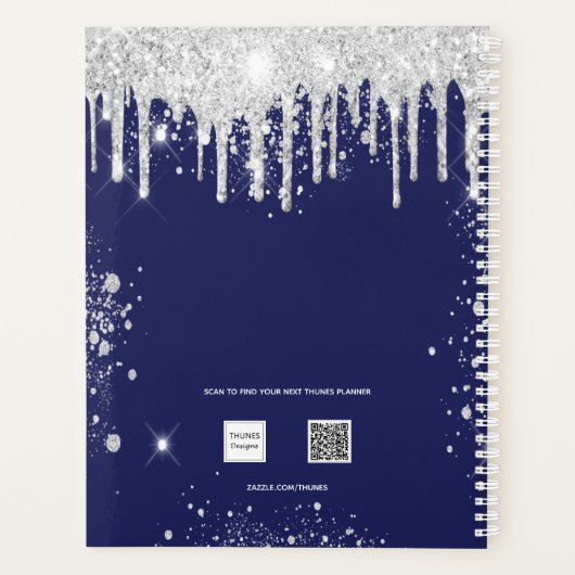 Navy blue white glitter drupt monogram script 2023 planner (Achterkant)