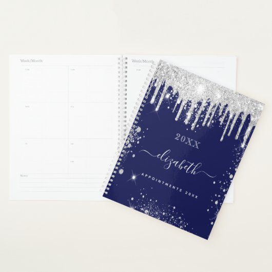 Navy blue white glitter drupt monogram script 2023 planner (Display)