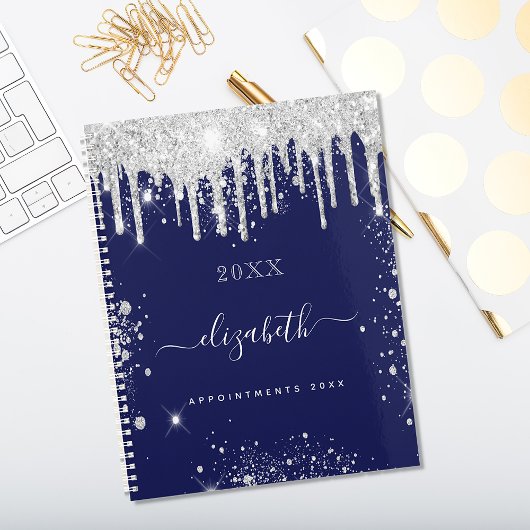Navy blue white glitter drupt monogram script 2023 planner