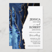 Navy Blue White Gold Agate Wedding Kaart (Voorkant / Achterkant)