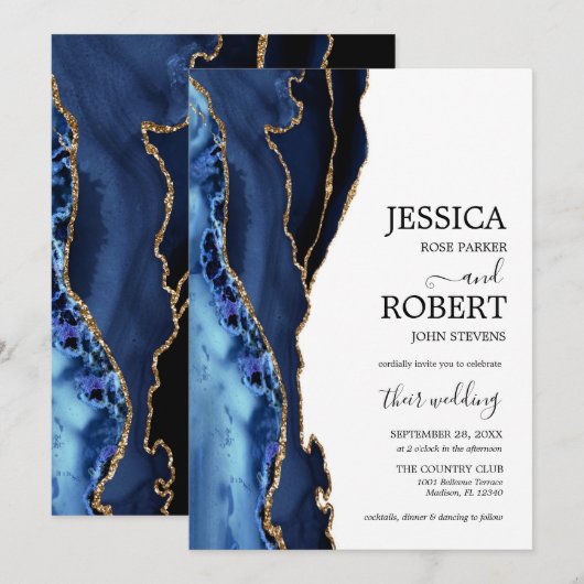Navy Blue White Gold Agate Wedding Kaart (Voorkant / Achterkant)