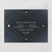 Navy Blue & White Gold Deco Lines Bewaar de datum Briefkaart (Voorkant)