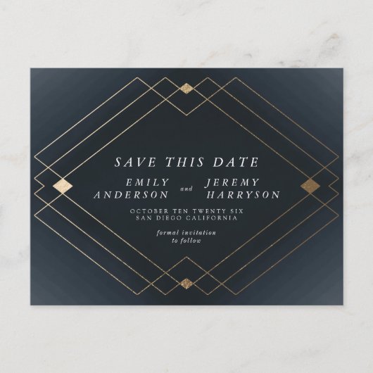Navy Blue & White Gold Deco Lines Bewaar de datum Briefkaart (Voorkant)