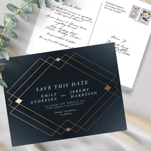 Navy Blue & White Gold Deco Lines Bewaar de datum Briefkaart