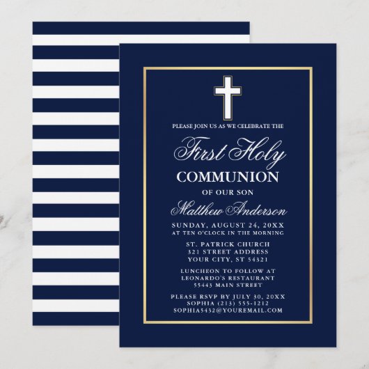 Navy Blue White Gold Lijst Eerste Heilige Communie Kaart (Voorkant / Achterkant)