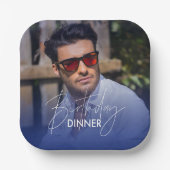Navy Blue White Gradient Photo Birthday Dinner Papieren Bordje (Voorkant)