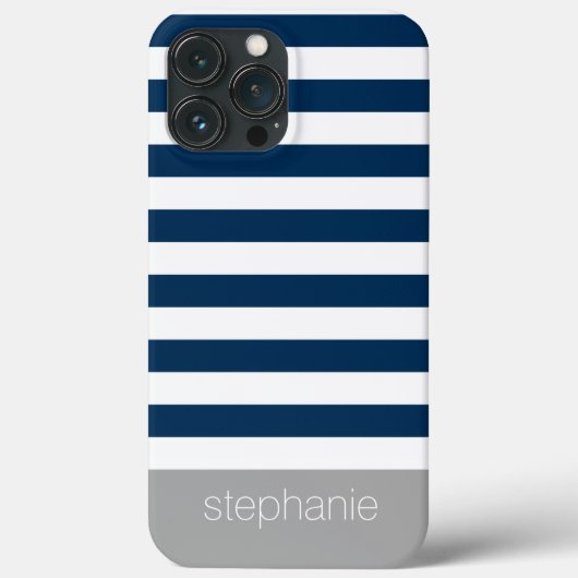 Navy Blue White Grey Striped Pattern Modern Name Case-Mate iPhone Case (Achterkant)