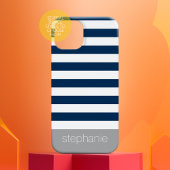 Navy Blue White Grey Striped Pattern Modern Name Case-Mate iPhone Case