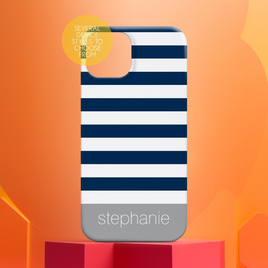 Navy Blue White Grey Striped Pattern Modern Name Case-Mate iPhone Case