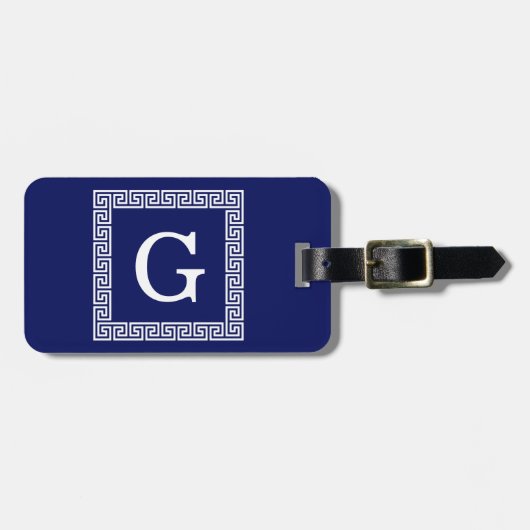 Navy Blue White — Griekse sleutel #1 gevat monogra Bagagelabel (Voorkant horizontaal)