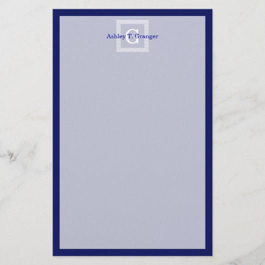 Navy Blue White — Griekse sleutel #1 gevat monogra Briefpapier (Voorkant)