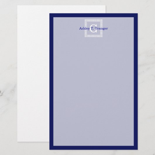 Navy Blue White — Griekse sleutel #1 gevat monogra Briefpapier (Voorkant / Achterkant)