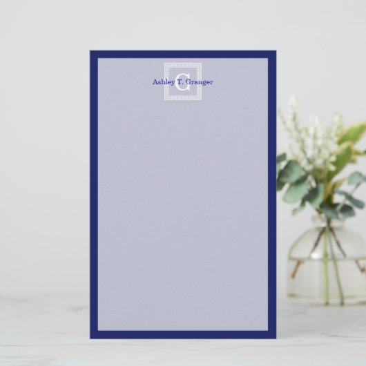 Navy Blue White — Griekse sleutel #1 gevat monogra Briefpapier (Staand voorkant)