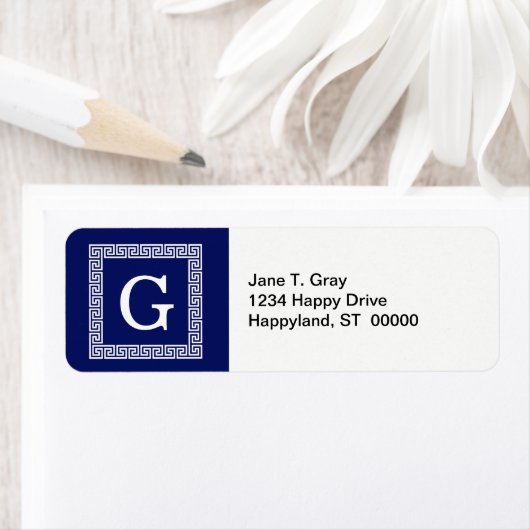 Navy Blue White — Griekse sleutel #1 gevat monogra Etiket (Insitu)