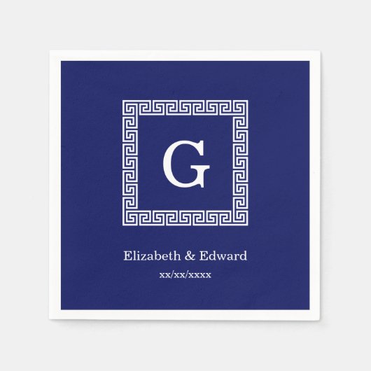 Navy Blue White — Griekse sleutel #1 gevat monogra Servet (Voorkant)