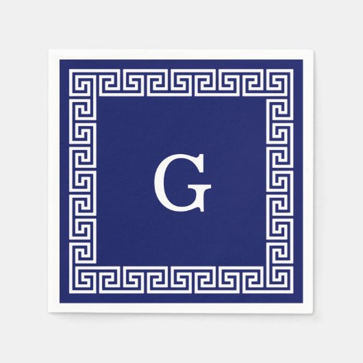 Navy Blue White — Griekse sleutel #1 gevat monogra Servetten (Voorkant)