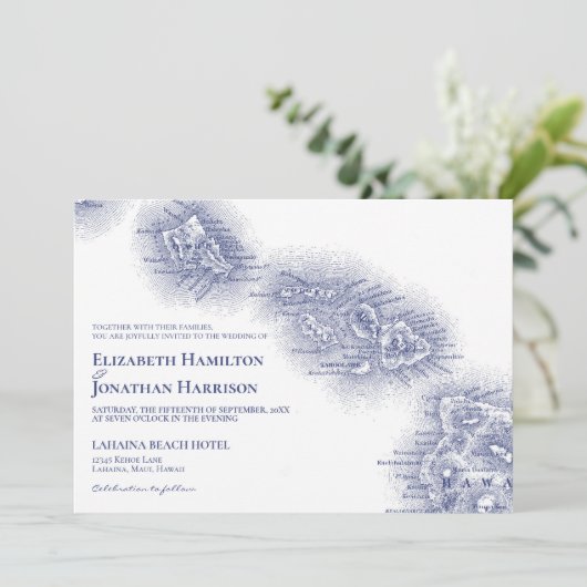 Navy Blue White Hawaii Map Wedding Kaart (Staand voorkant)