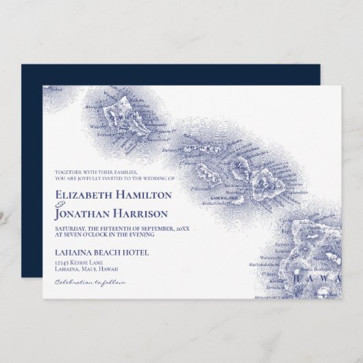 Navy Blue White Hawaii Map Wedding Kaart (Voorkant / Achterkant)