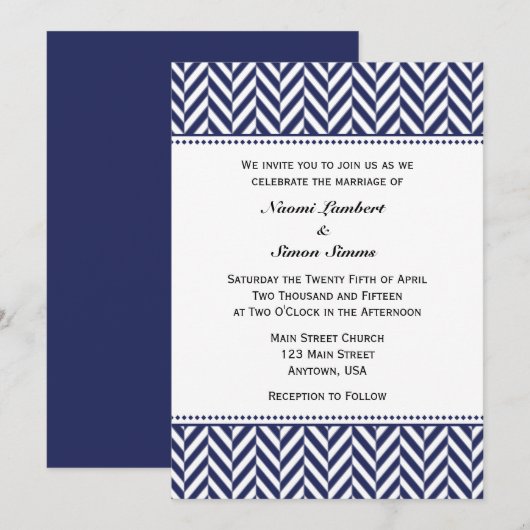 Navy Blue White Herringbone Wedding Invitation Kaart (Voorkant / Achterkant)