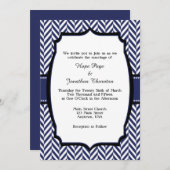 Navy Blue White Herringbone Wedding Invitation Kaart (Voorkant / Achterkant)