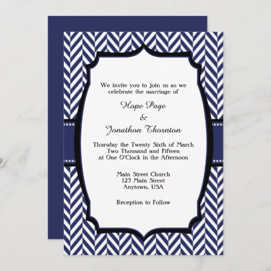 Navy Blue White Herringbone Wedding Invitation Kaart (Voorkant / Achterkant)
