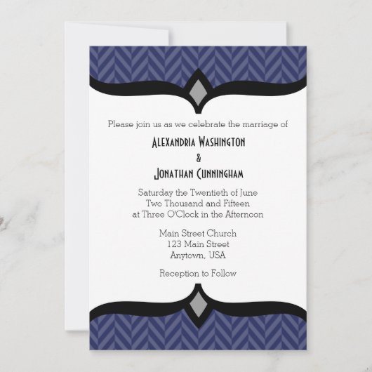 Navy Blue White Herringbone Wedding Invitation Kaart (Voorkant)