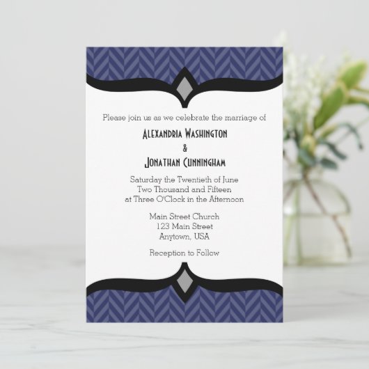 Navy Blue White Herringbone Wedding Invitation Kaart (Staand voorkant)