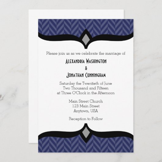Navy Blue White Herringbone Wedding Invitation Kaart (Voorkant / Achterkant)