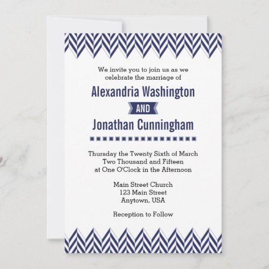 Navy Blue White Herringbone Wedding Invitation Kaart (Voorkant)
