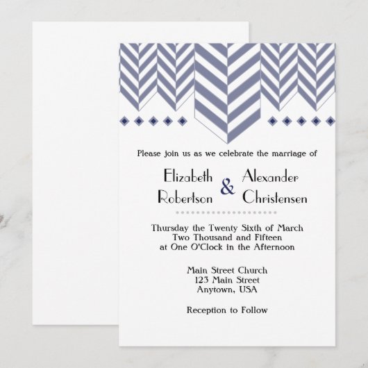 Navy Blue White Herringbone Wedding Invitation Kaart (Voorkant / Achterkant)