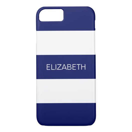 Navy Blue White Horiz Preppy Stripe #3 Monogram Case-Mate iPhone Case (Achterkant)
